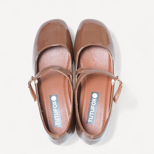 Brown Patent Mary Jane Buckle Strap Flats - tutufox - shoes