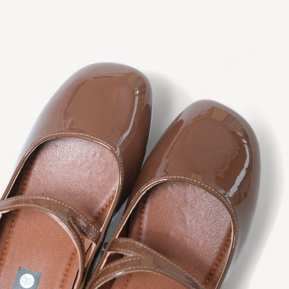 Brown Patent Mary Jane Buckle Strap Flats - tutufox - shoes