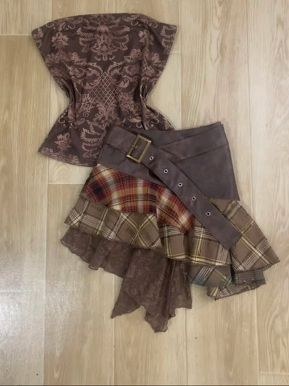 Brown Patterned Bustier Top and Plaided Tulle Mini Skirt Y2K Two Piece Sets - tutufox - 