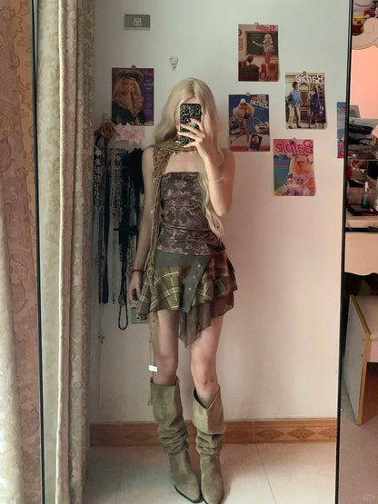 Brown Patterned Bustier Top and Plaided Tulle Mini Skirt Y2K Two Piece Sets - tutufox - 