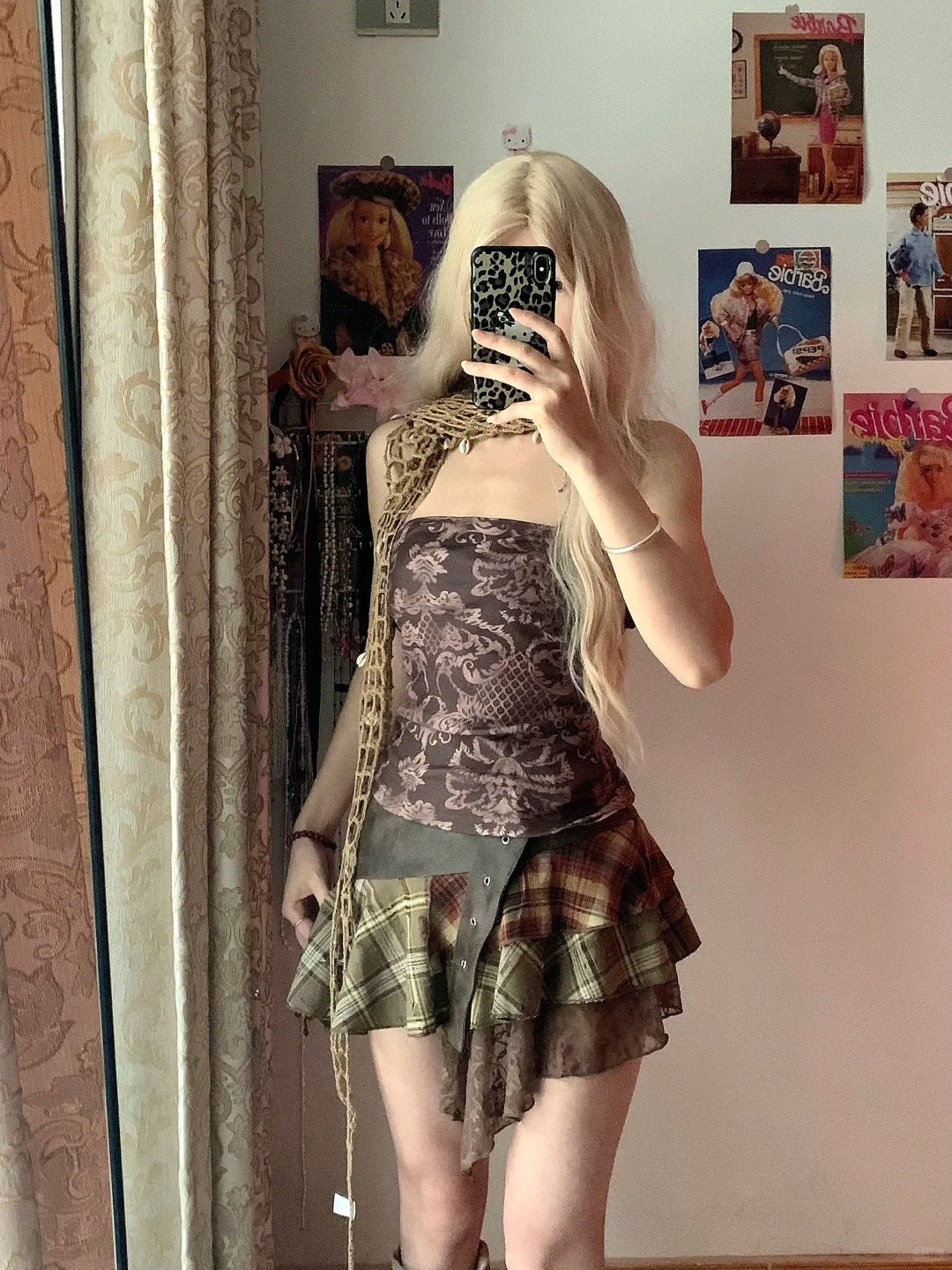 Brown Patterned Bustier Top and Plaided Tulle Mini Skirt Y2K Two Piece Sets - tutufox - 