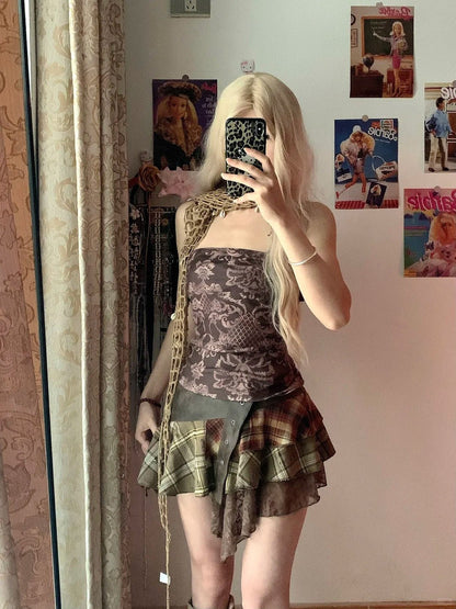 Brown Patterned Bustier Top and Plaided Tulle Mini Skirt Y2K Two Piece Sets - tutufox - 