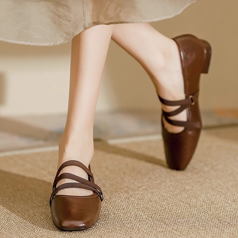 leather mary janes for women brown model standing