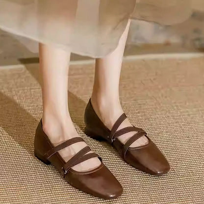 leather mary janes for women brown model posing