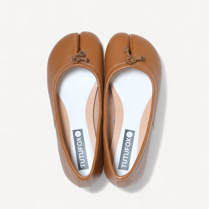 Brown Soft Leather Split Toe Low Flats Tabi - tutufox - tabis