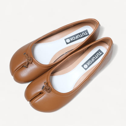 Brown Soft Leather Split Toe Low Flats Tabi - tutufox - tabis