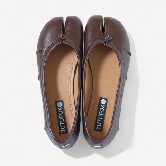 Brown Split Toe Leather Tabi Flats - tutufox - 