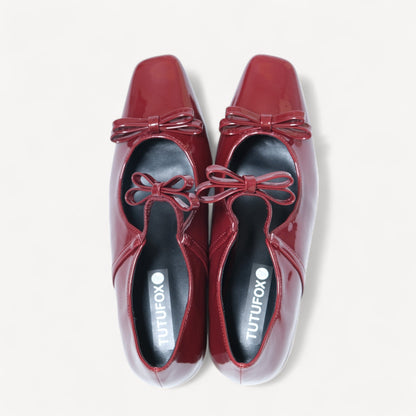 burgundy patent bow mary jane ballet flats front view  