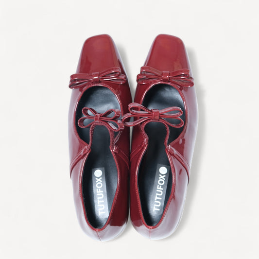 burgundy patent bow mary jane ballet flats front view  