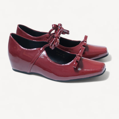burgundy patent bow mary jane ballet flats right oblique view  