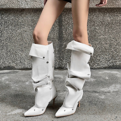Button Detail Two Way Slouchy Boots 2025 Summer New Spicy Girl High Heel Fashion Pointed Toe Thin Heel Knee High Boots - tutufox - shoes