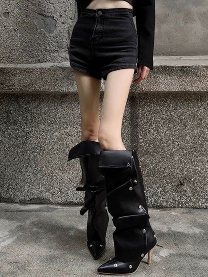 Button Detail Two Way Slouchy Boots 2025 Summer New Spicy Girl High Heel Fashion Pointed Toe Thin Heel Knee High Boots - tutufox - shoes