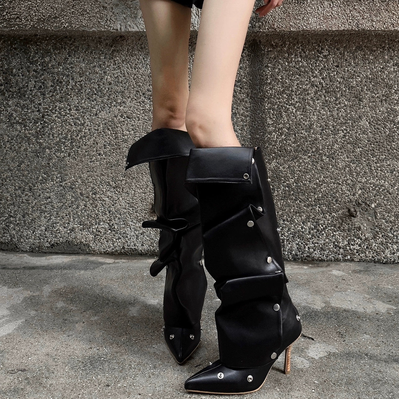 Button Detail Two Way Slouchy Boots 2025 Summer New Spicy Girl High Heel Fashion Pointed Toe Thin Heel Knee High Boots - tutufox - shoes