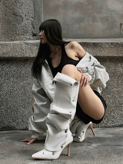 Button Detail Two Way Slouchy Boots 2025 Summer New Spicy Girl High Heel Fashion Pointed Toe Thin Heel Knee High Boots - tutufox - shoes