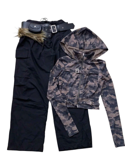 Camo Hoodie Zip Top and Black Cargo Pants Y2K Outfit - tutufox - 