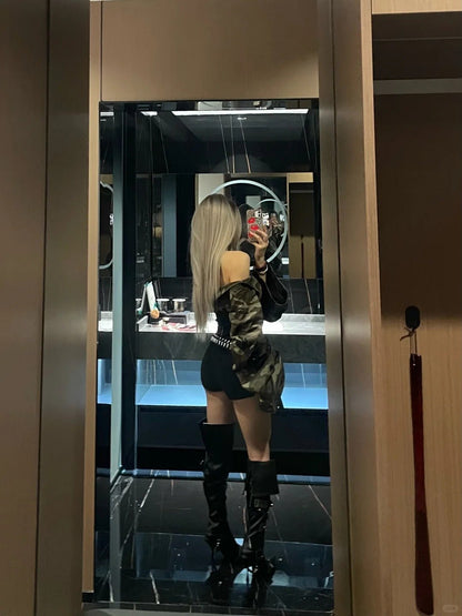 Camouflage Off - Shoulder Long Sleeve Top and Black Leather Mini Skirt Y2K Two Pieces Sets - tutufox - 