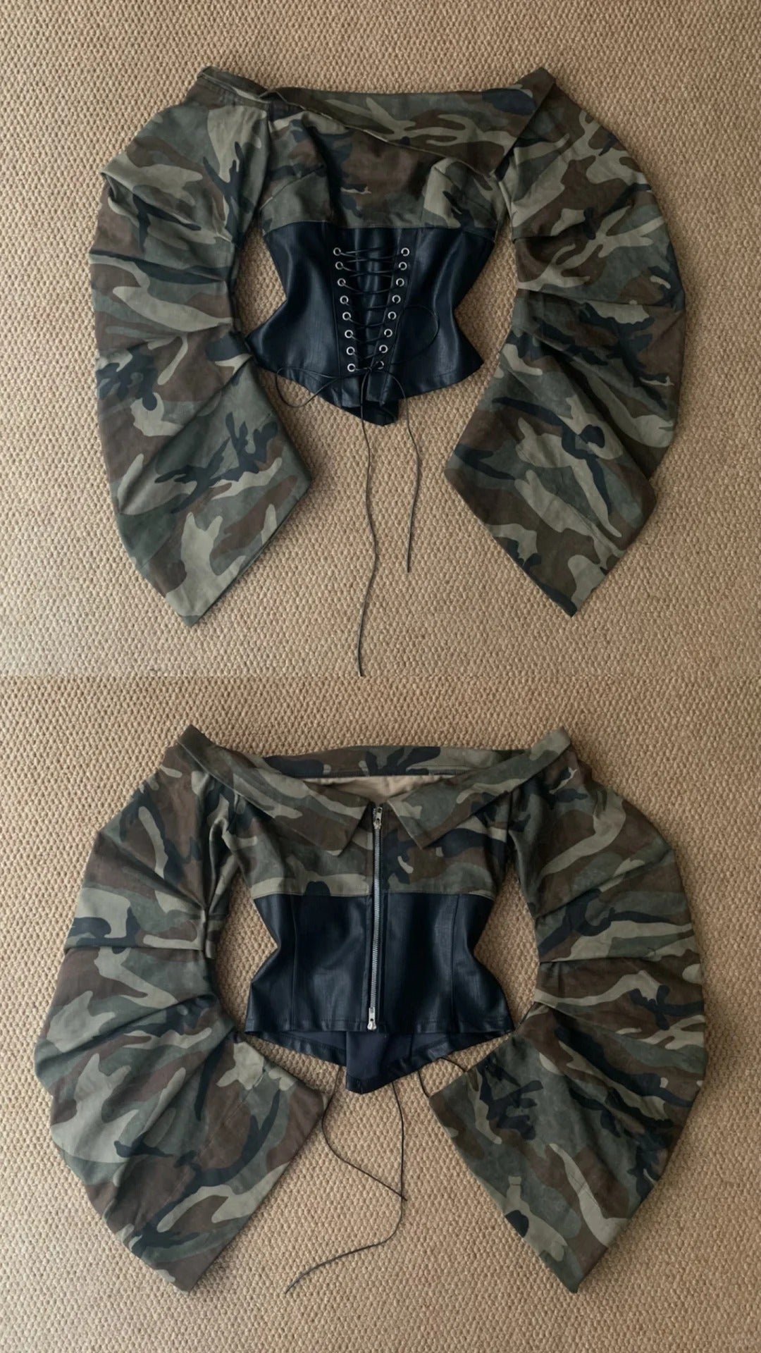 Camouflage Off - Shoulder Long Sleeve Top and Black Leather Mini Skirt Y2K Two Pieces Sets - tutufox - 