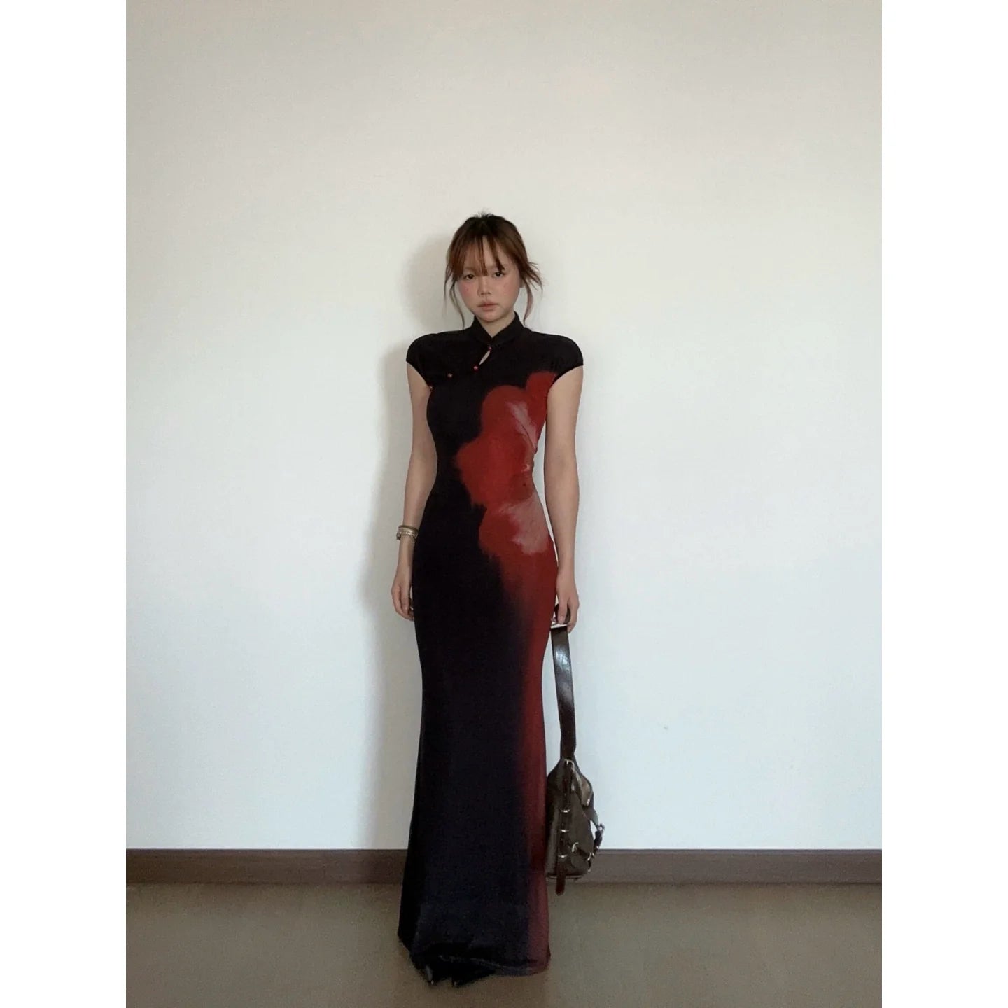 Chinese - Inspired Black Print Cheongsam - Style Bodycon Maxi Dress - tutufox - 