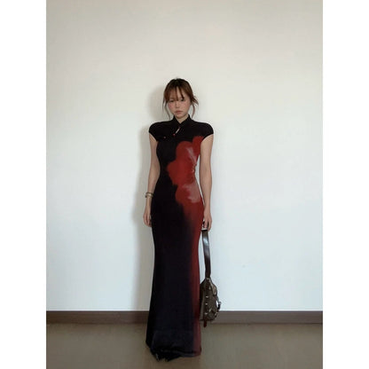Chinese - Inspired Black Print Cheongsam - Style Bodycon Maxi Dress - tutufox - 