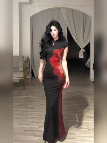 Chinese - Inspired Black Printed Cheongsam - Style Waist - Cinched Midi Dress - tutufox - 