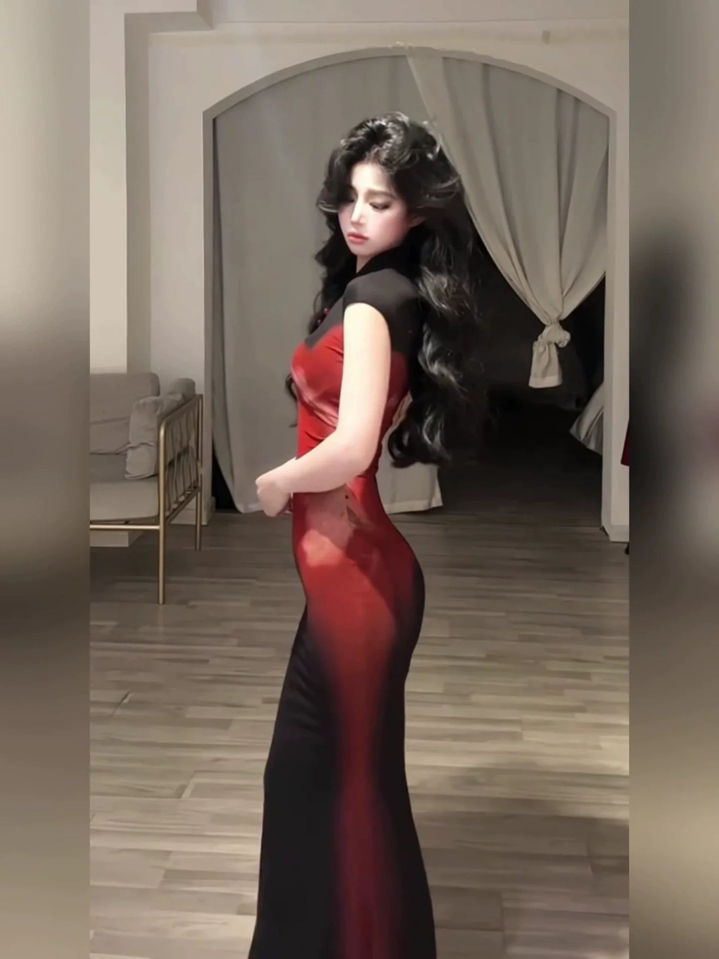 Chinese - Inspired Black Printed Cheongsam - Style Waist - Cinched Midi Dress - tutufox - 