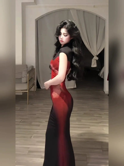 Chinese - Inspired Black Printed Cheongsam - Style Waist - Cinched Midi Dress - tutufox - 