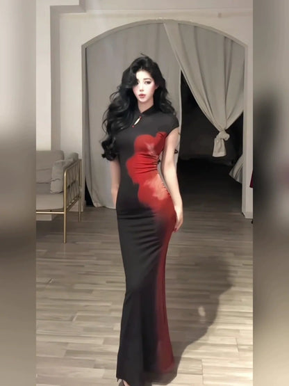 Chinese - Inspired Black Printed Cheongsam - Style Waist - Cinched Midi Dress - tutufox - 