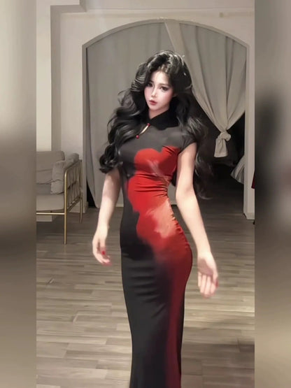 Chinese - Inspired Black Printed Cheongsam - Style Waist - Cinched Midi Dress - tutufox - 