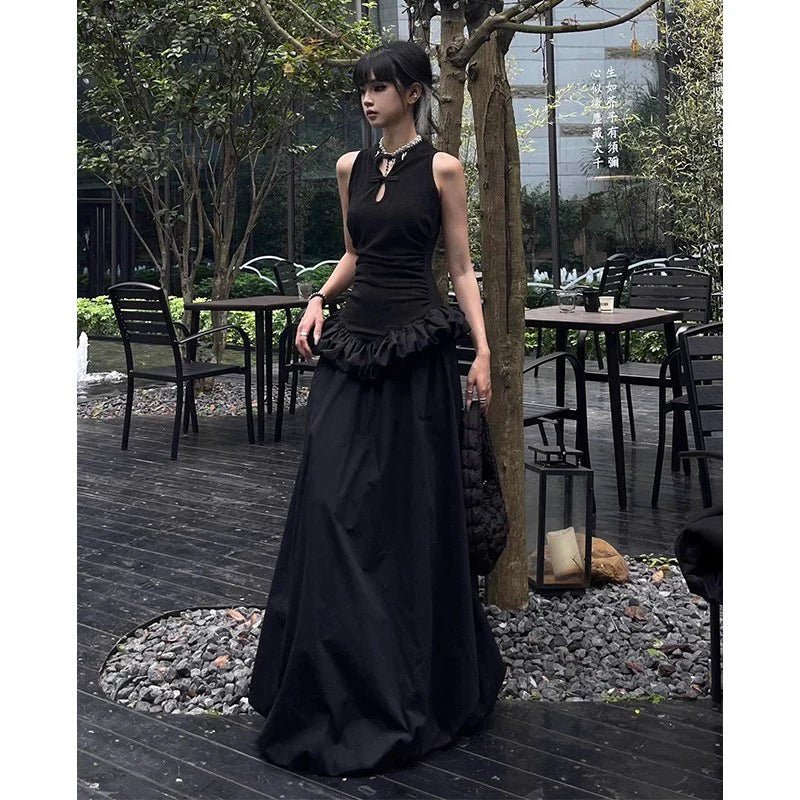 Chinese - Inspired Cheongsam - Style Halter Black Puff Hem Elegant Bodycon Maxi Dress - tutufox - 