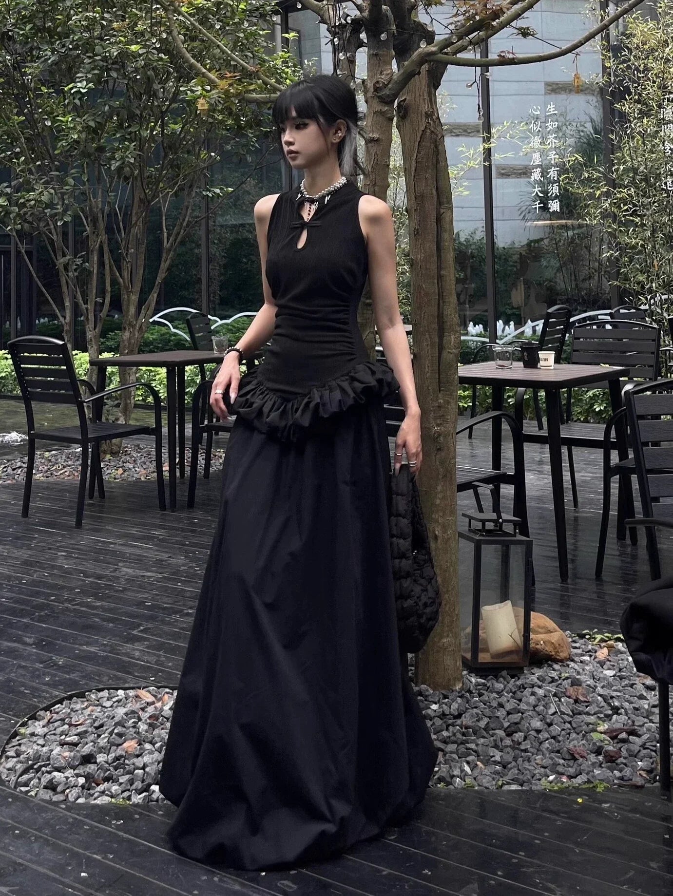 Chinese - Inspired Cheongsam - Style Halter Black Puff Hem Elegant Bodycon Maxi Dress - tutufox - 