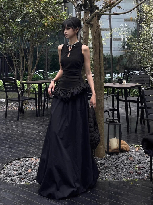 Chinese - Inspired Cheongsam - Style Halter Black Puff Hem Elegant Bodycon Maxi Dress - tutufox - 
