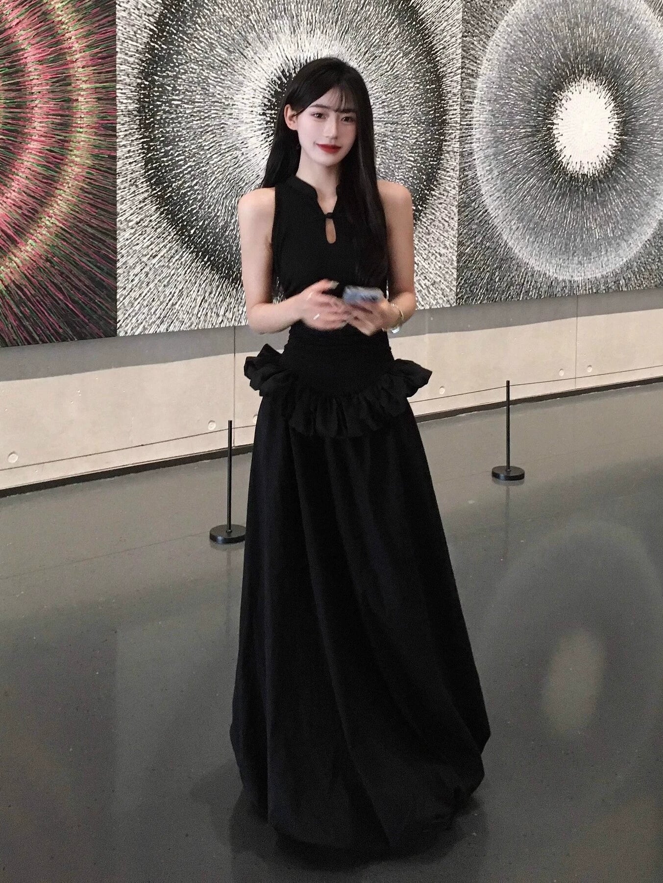 Chinese - Inspired Cheongsam - Style Halter Black Puff Hem Elegant Bodycon Maxi Dress - tutufox - 