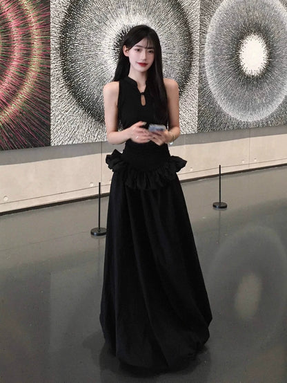 Chinese - Inspired Cheongsam - Style Halter Black Puff Hem Elegant Bodycon Maxi Dress - tutufox - 