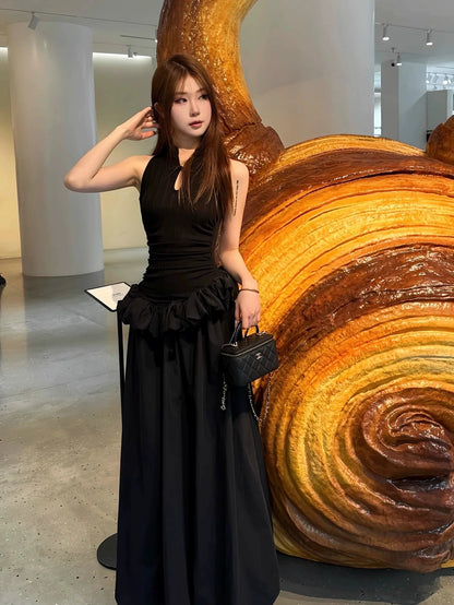 Chinese - Inspired Cheongsam - Style Halter Black Puff Hem Elegant Bodycon Maxi Dress - tutufox - 