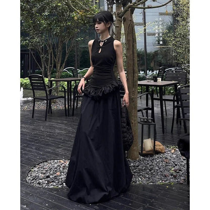 Chinese - Inspired Cheongsam - Style Halter Black Puff Hem Elegant Bodycon Maxi Dress - tutufox - 