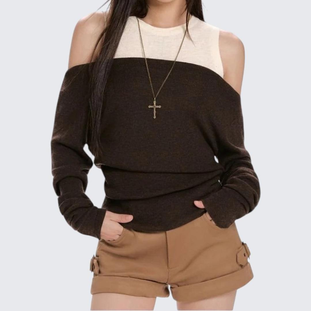 Coffee Fake Two - Piece Vest Long - Sleeve Knitwear For Women - Spring & Autumn - tutufox - 