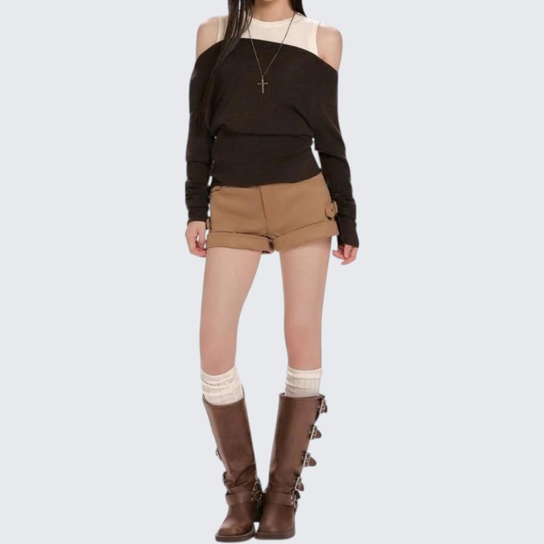 Coffee Fake Two - Piece Vest Long - Sleeve Knitwear For Women - Spring & Autumn - tutufox - 