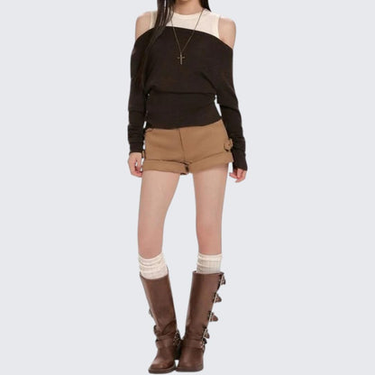 Coffee Fake Two - Piece Vest Long - Sleeve Knitwear For Women - Spring & Autumn - tutufox - 