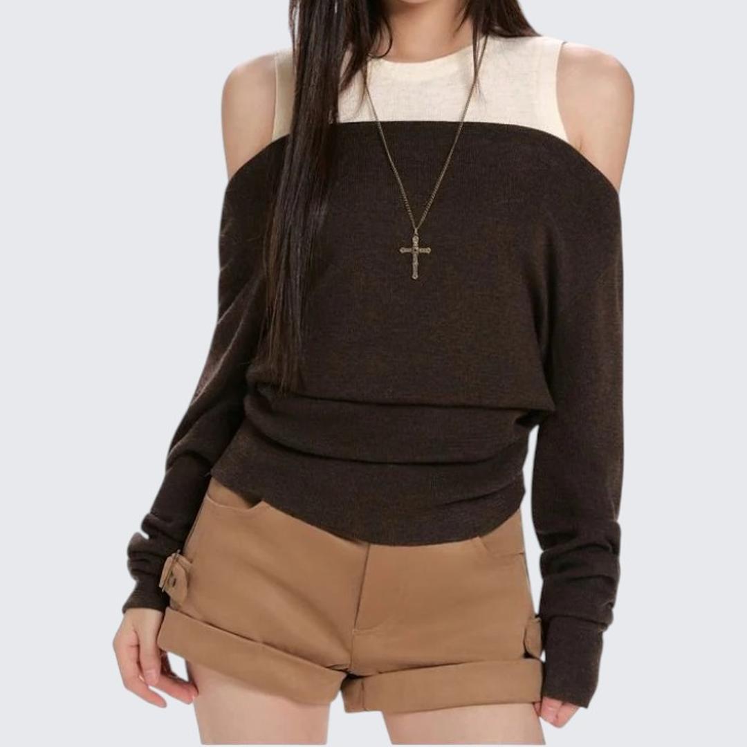 Coffee Fake Two - Piece Vest Long - Sleeve Knitwear For Women - Spring & Autumn - tutufox - 