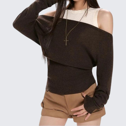 Coffee Fake Two - Piece Vest Long - Sleeve Knitwear For Women - Spring & Autumn - tutufox - 