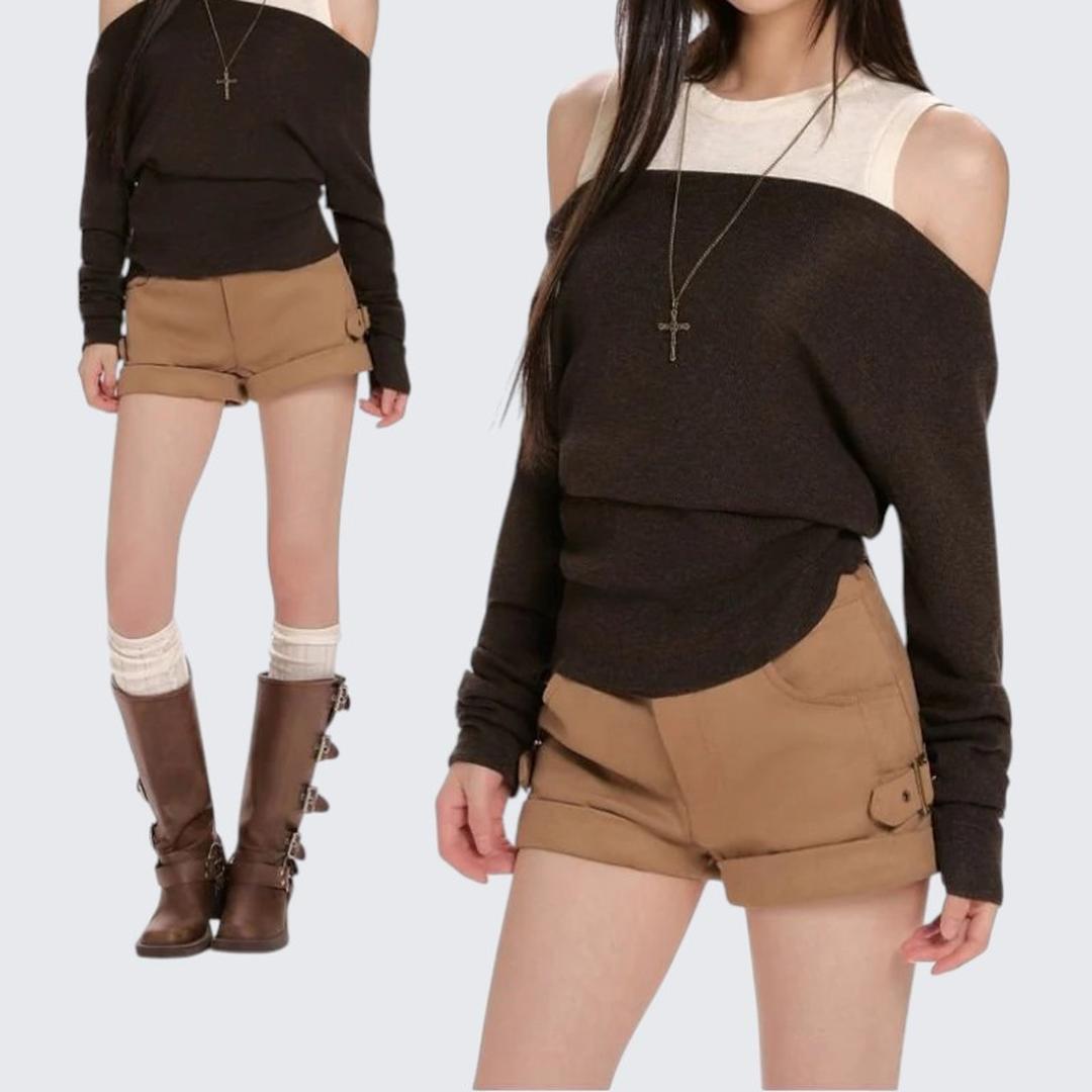 Coffee Fake Two - Piece Vest Long - Sleeve Knitwear For Women - Spring & Autumn - tutufox - 