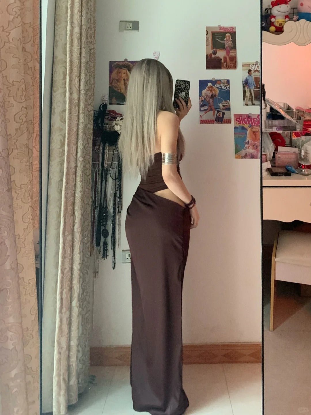 Dark Brown Halter Cutout Maxi Dress Y2K Dress - tutufox - 