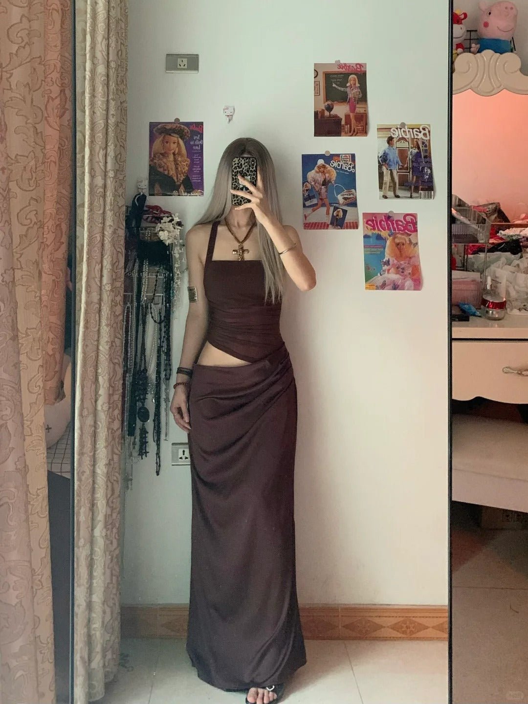 Dark Brown Halter Cutout Maxi Dress Y2K Dress - tutufox - 