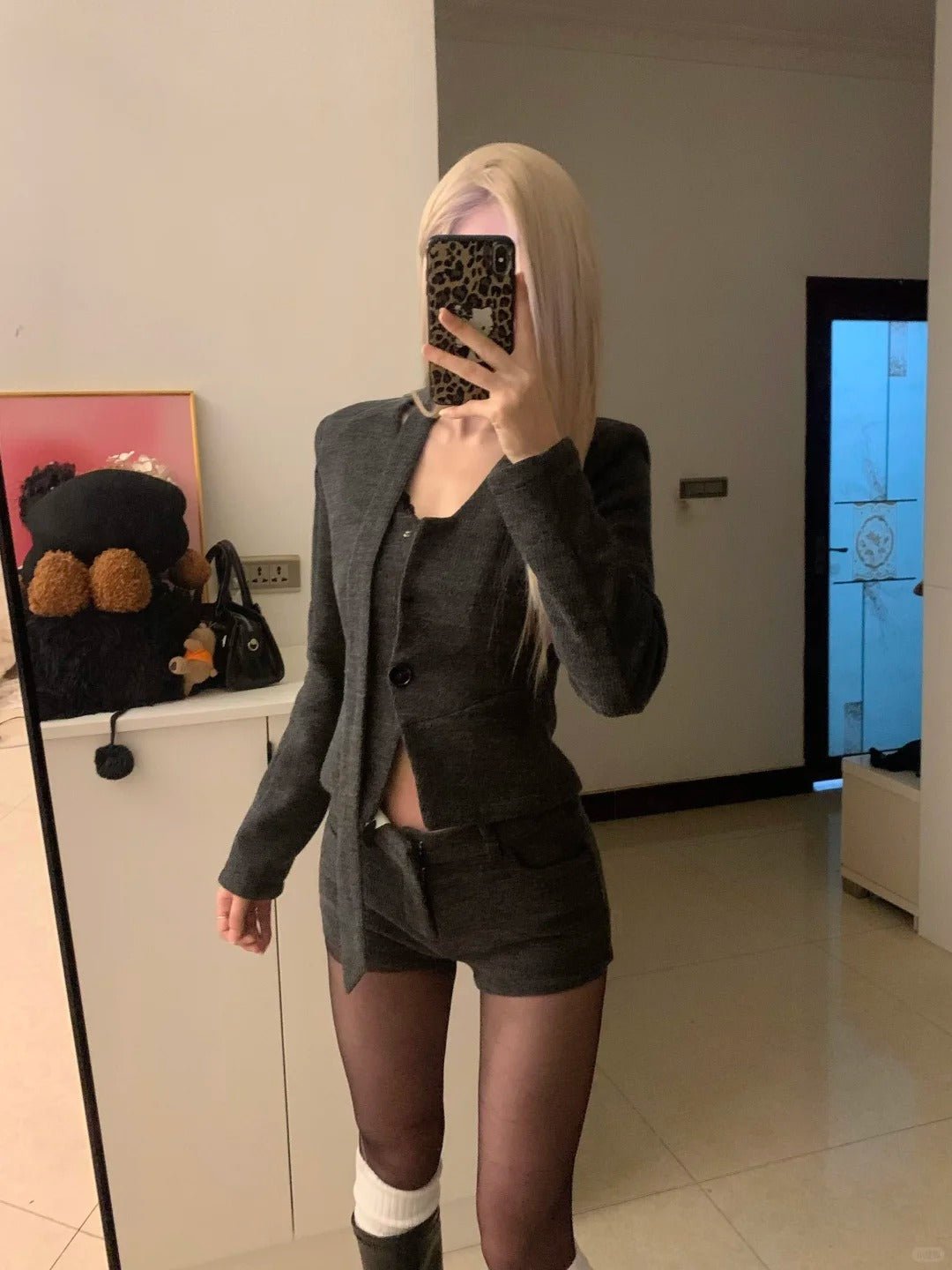 Dark Grey Blazer and Shorts Y2K Outfit - tutufox - 