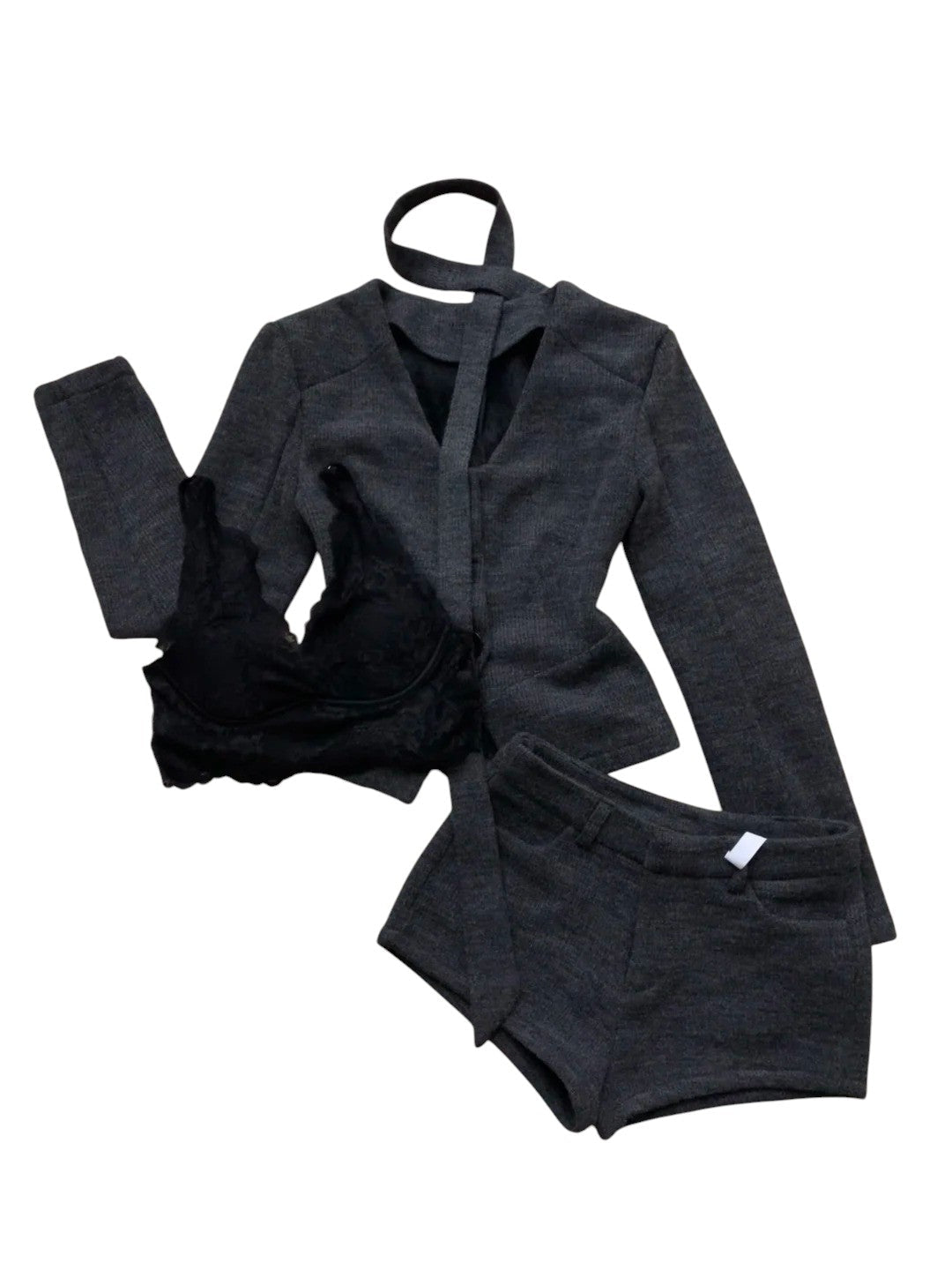 Dark Grey Blazer and Shorts Y2K Outfit - tutufox - 