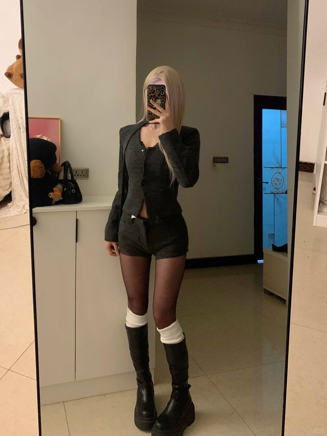 Dark Grey Blazer and Shorts Y2K Outfit - tutufox - 