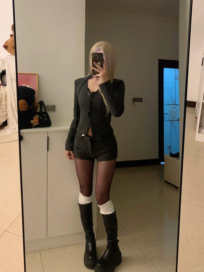 Dark Grey Blazer and Shorts Y2K Outfit - tutufox - 
