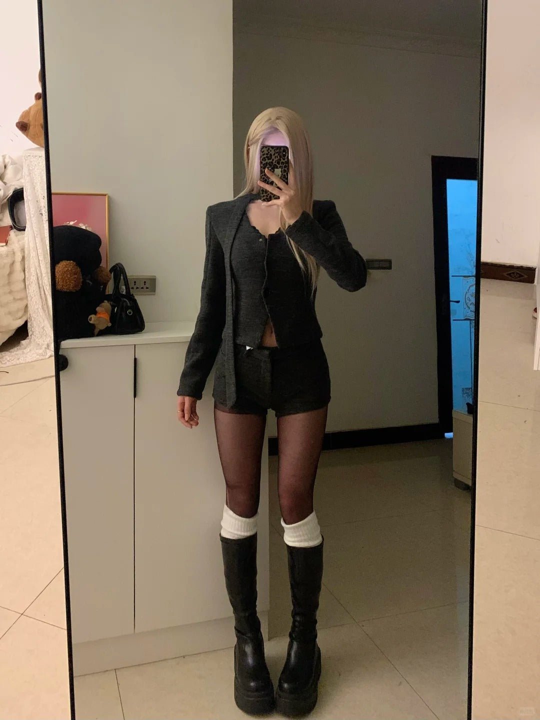 Dark Grey Blazer and Shorts Y2K Outfit - tutufox - 