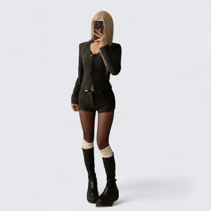 Dark Grey Blazer and Shorts Y2K Outfit - tutufox - 