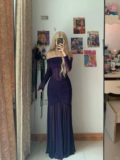 Deep Purple Off Shoulder Long Sleeve Dress Y2K Dress - tutufox - 